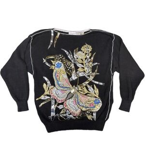 VTG Bonnie Boerer 80s Metallic Butterfly Sweater Black Ramie Cotton Macau L